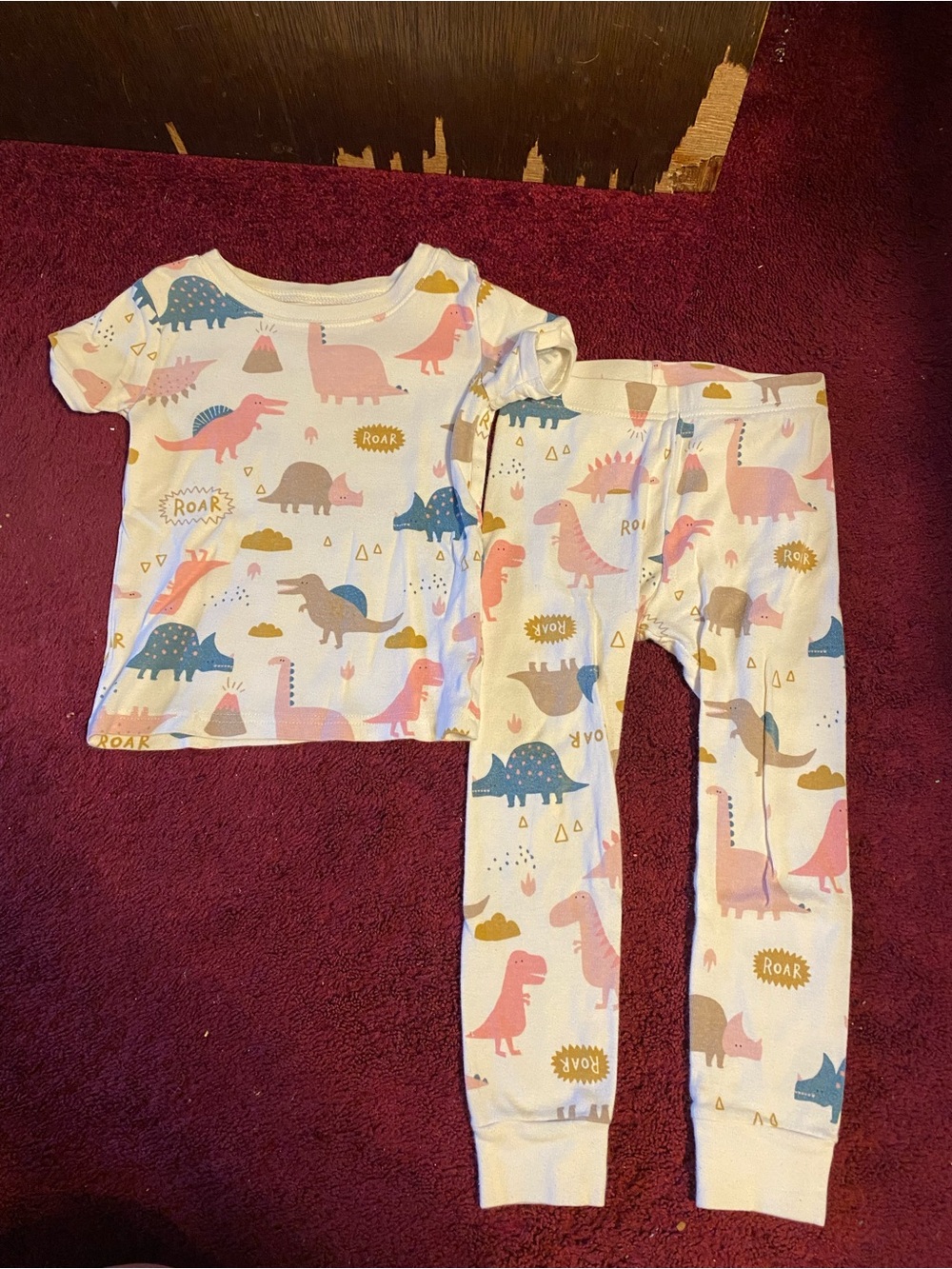 Old Navy White Pajama Set with Pink, Blue & Gold Dinosaur Print